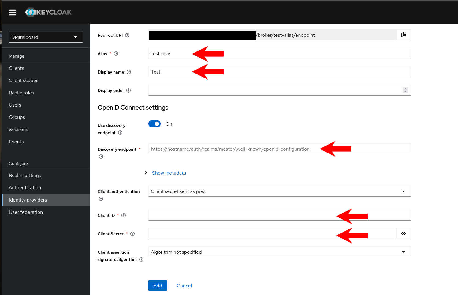 OIDC identity provider form in Keycloak Fill OIDC settings