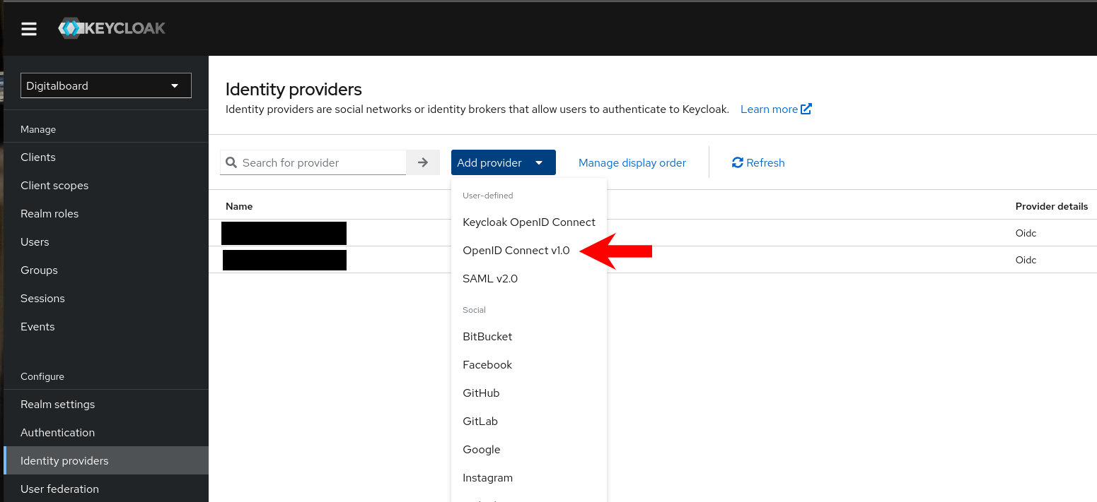 Add provider → OpenID Connect v1.0 Open “Add provider”