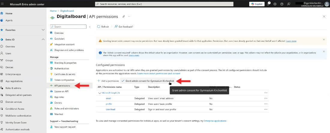 API permissions page Step 9 — API permissions page