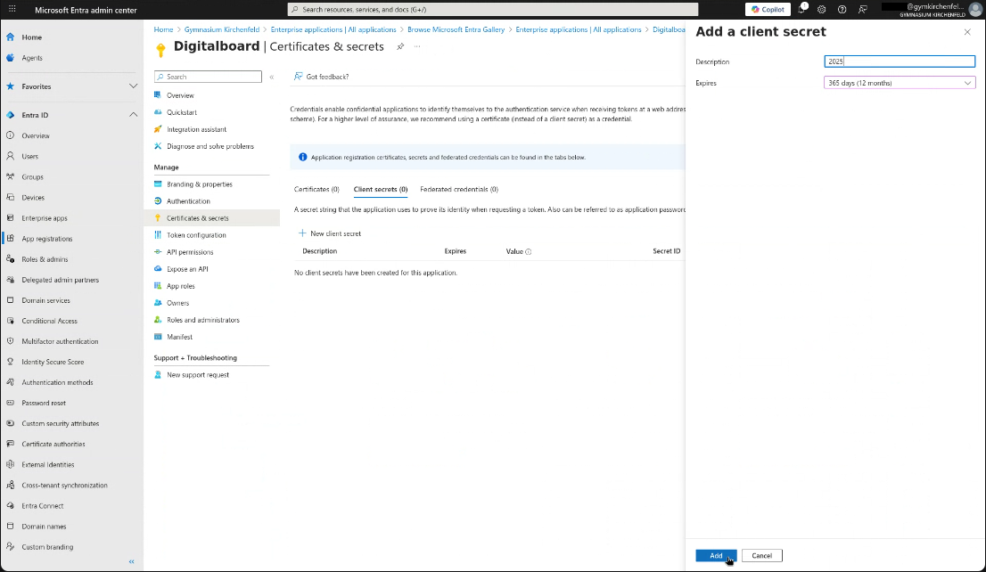 Generate client secret Step 6 — Client secret